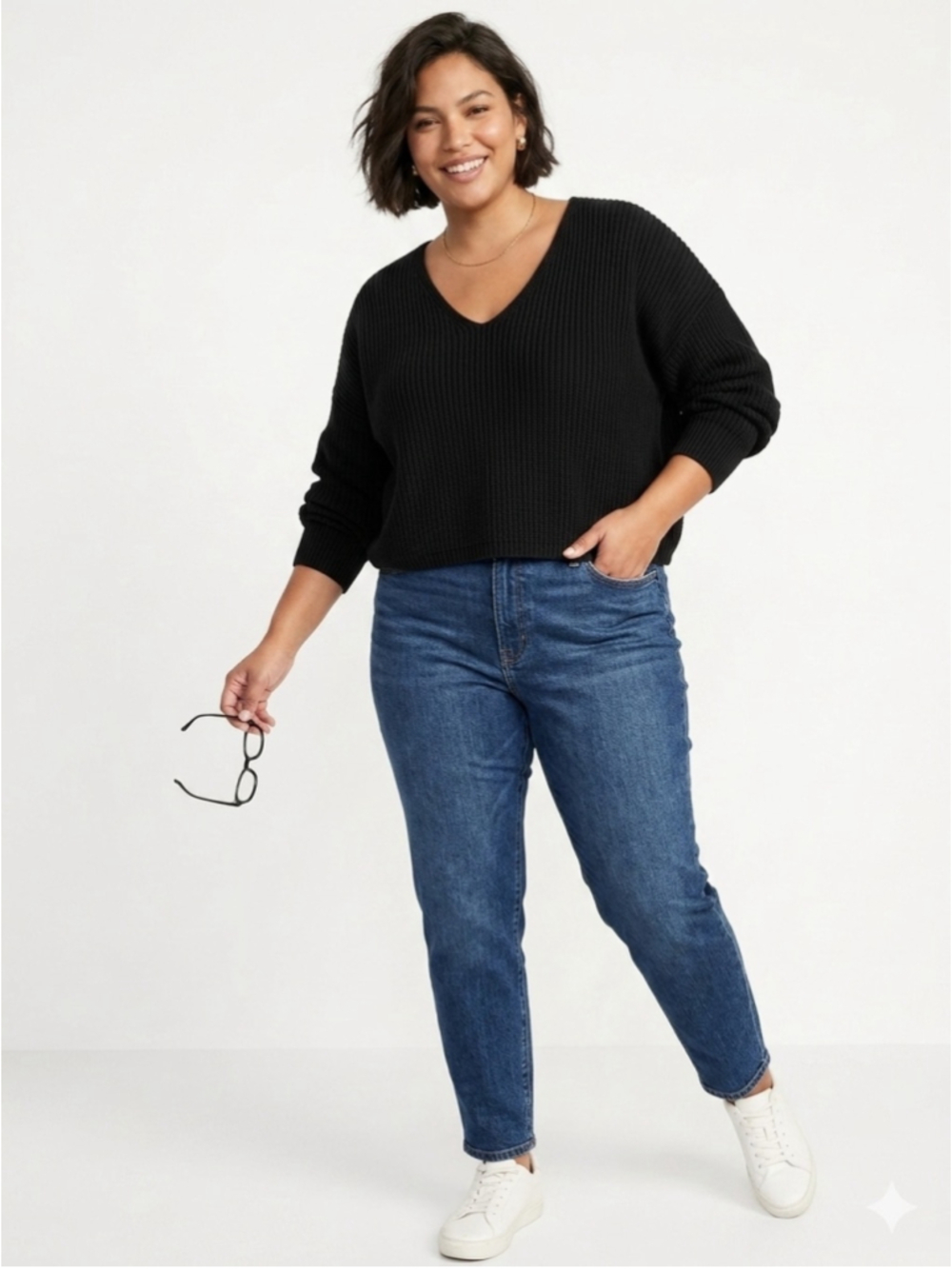 Women's French Connection V-Neck Boxy Crop Sweater Black 2XL - 659